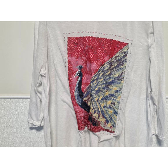 Women's Lucky Brand White Red Peacock Print Sheer‎ Short Sleeve Tee Plus Size 3X - Picture 3 of 9
